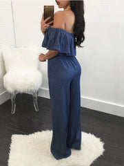 One-Shoulder Ruffled Lace-Up Denim Jumpsuit Sai Feel