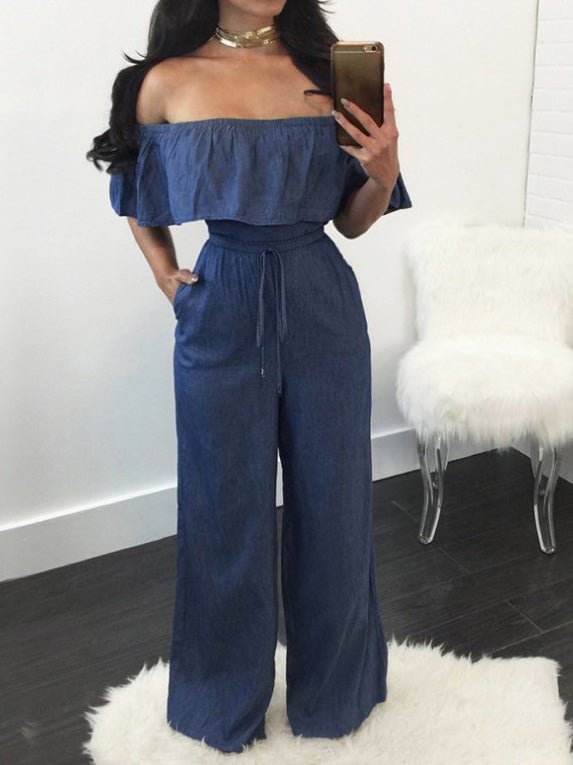 One-Shoulder Ruffled Lace-Up Denim Jumpsuit Sai Feel