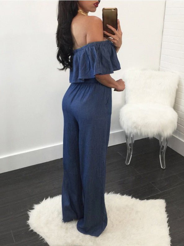 One-Shoulder Ruffled Lace-Up Denim Jumpsuit Sai Feel