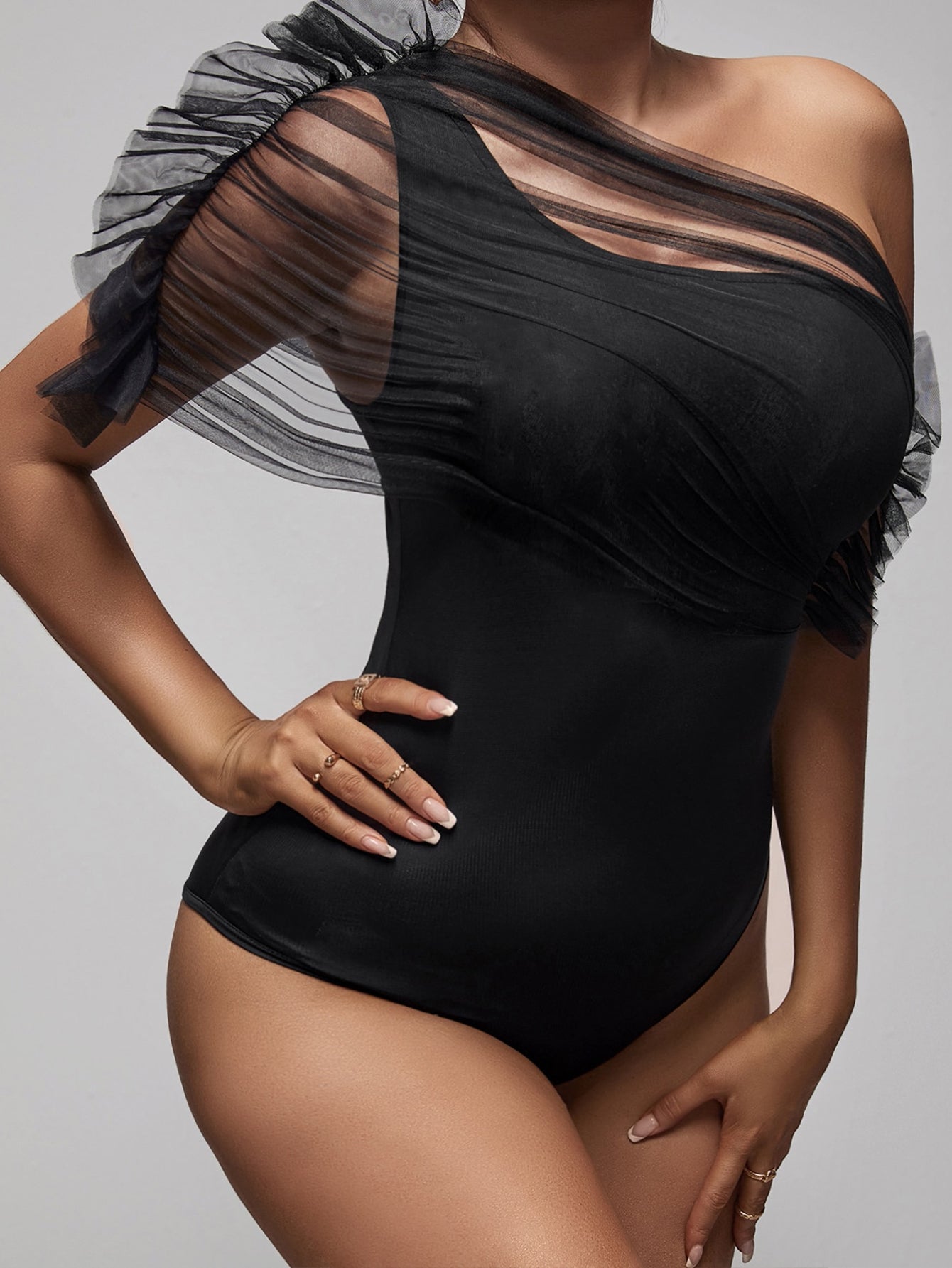 One Shoulder Sheer Detail Bodysuit Sai Feel