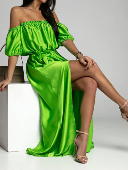 One-Shoulder Short Sleeve Slit Dress Sai Feel