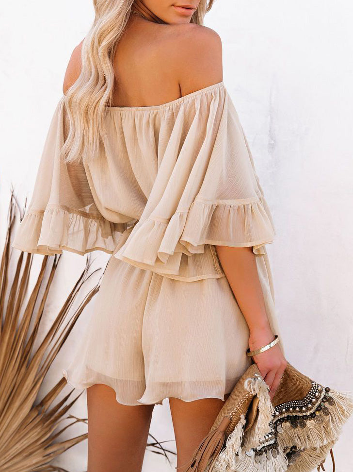 One-Shoulder Short Sleeve Solid Chiffon Jumpsuit Sai Feel