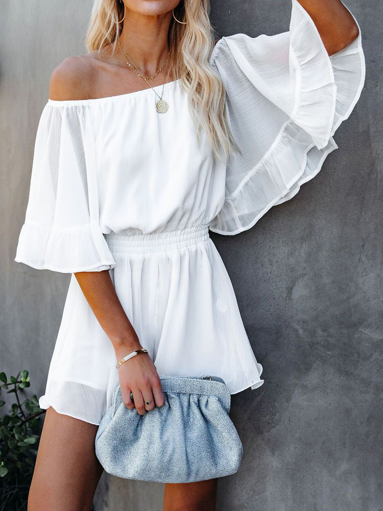 One-Shoulder Short Sleeve Solid Chiffon Jumpsuit Sai Feel