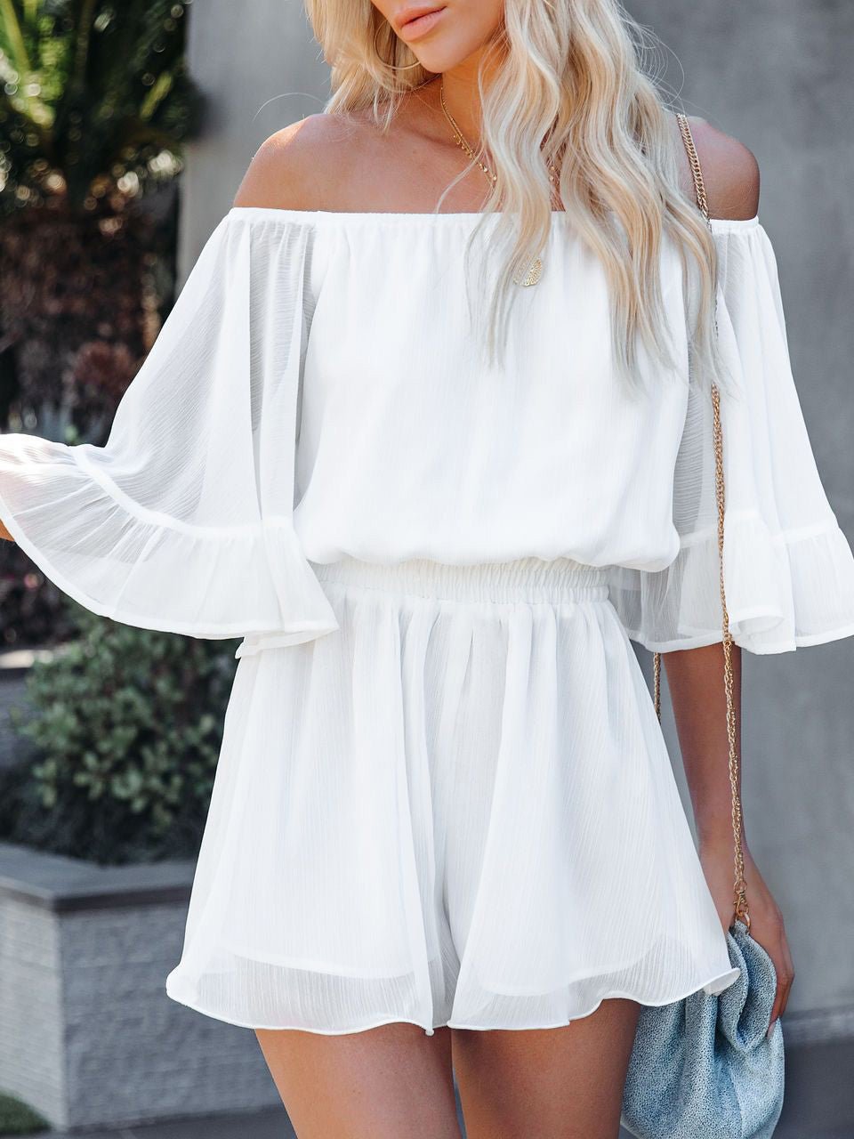 One-Shoulder Short Sleeve Solid Chiffon Jumpsuit Sai Feel