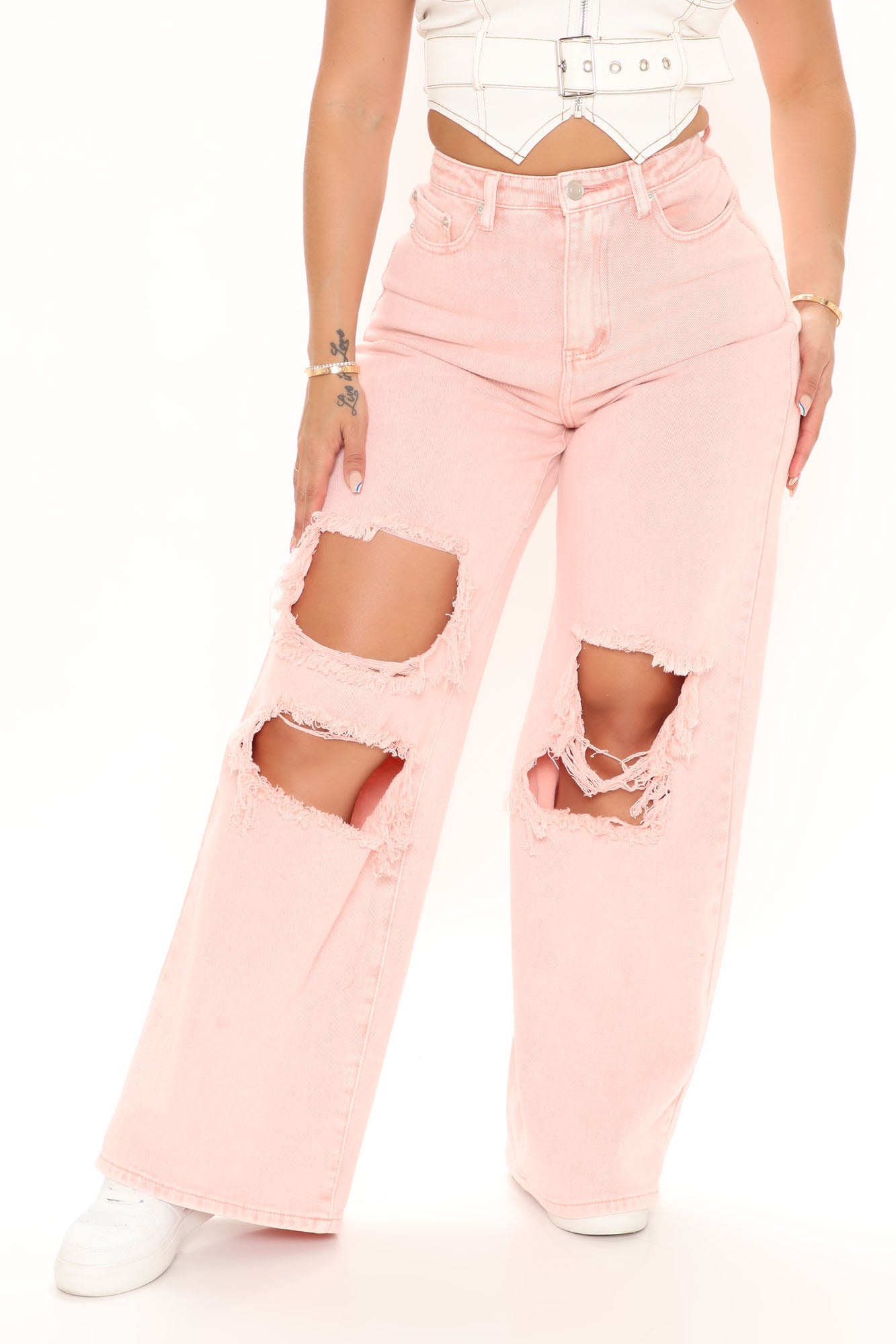 One Woman Show Distressed Wide Leg Jeans - Pink Sai Feel