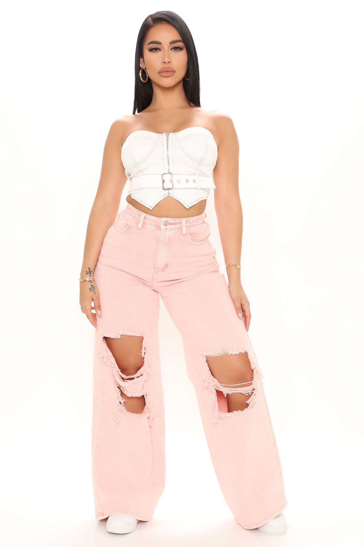 One Woman Show Distressed Wide Leg Jeans - Pink Sai Feel