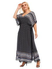 Onesize Boho Print Elastic Waist Dress With Tassel Detail Sai Feel