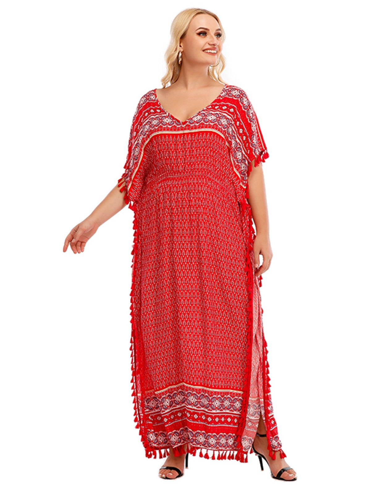 Onesize Boho Print Elastic Waist Dress With Tassel Detail Sai Feel