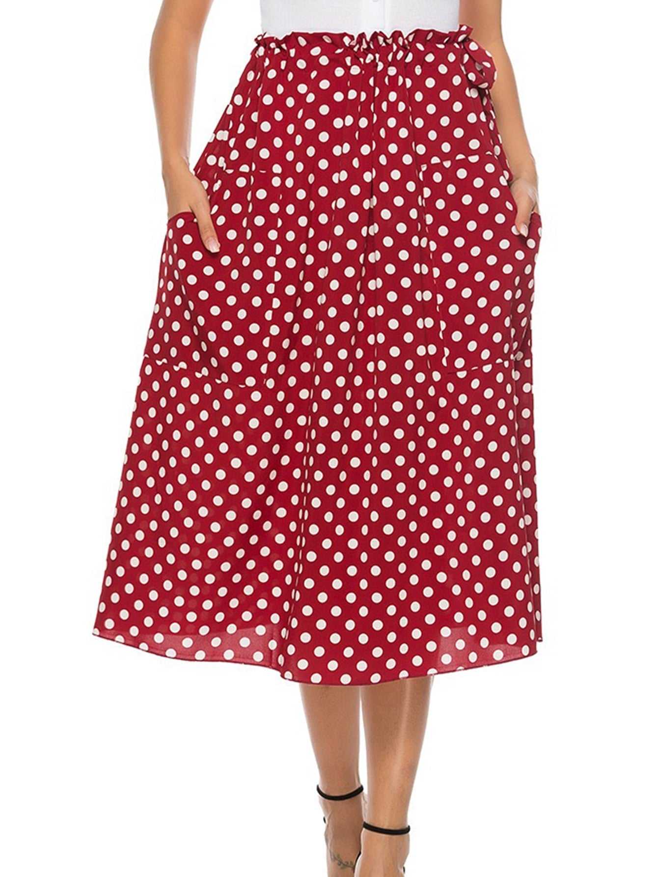 Onesize Dots Print Elastic Waist Skirt with Slant Pockets Sai Feel