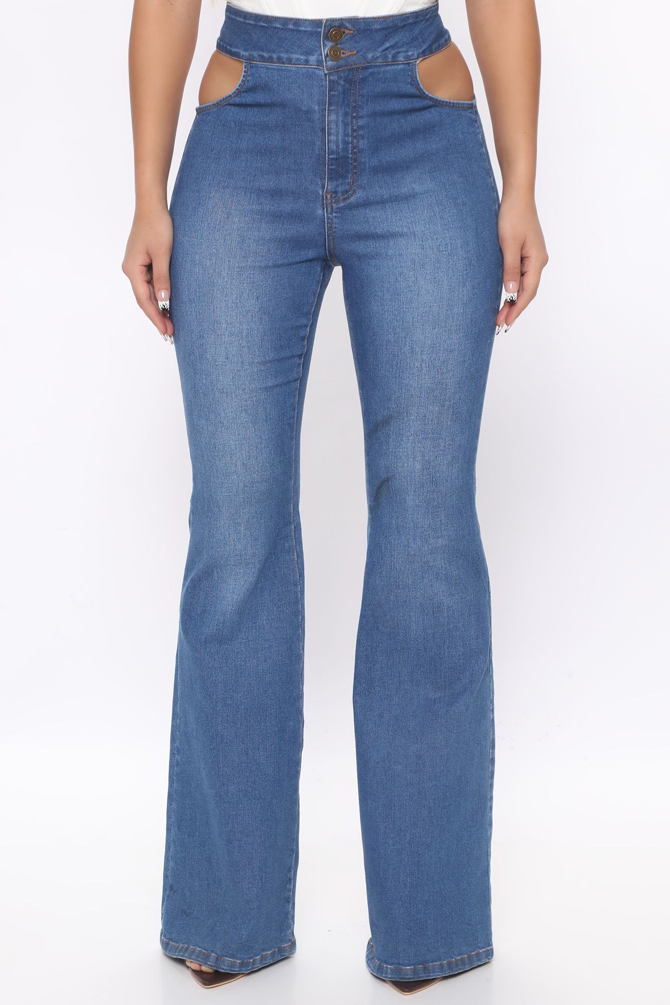 Only A Peek Cut Out Flare Jeans - Medium Blue Wash Sai Feel