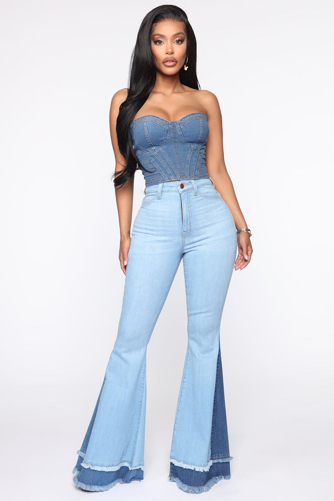 Only Good Vibes Bell Bottom Jeans - Light Blue Wash