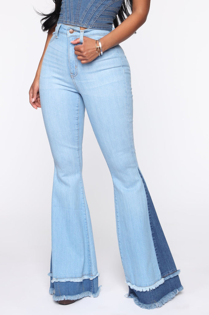 Only Good Vibes Bell Bottom Jeans - Light Blue Wash