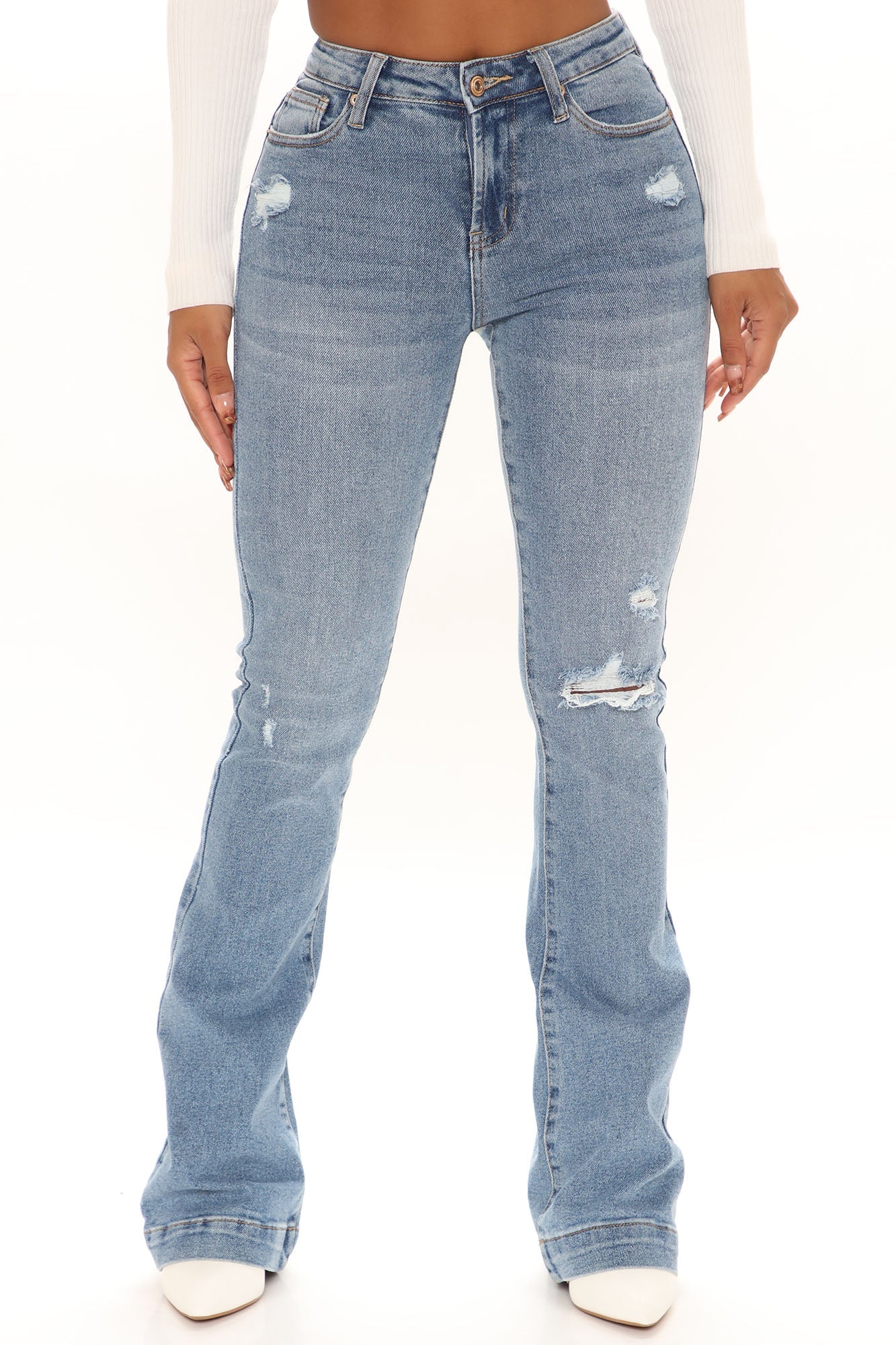 Only One For Me Distressed Bootcut Jeans - Medium Blue Wash Sai Feel