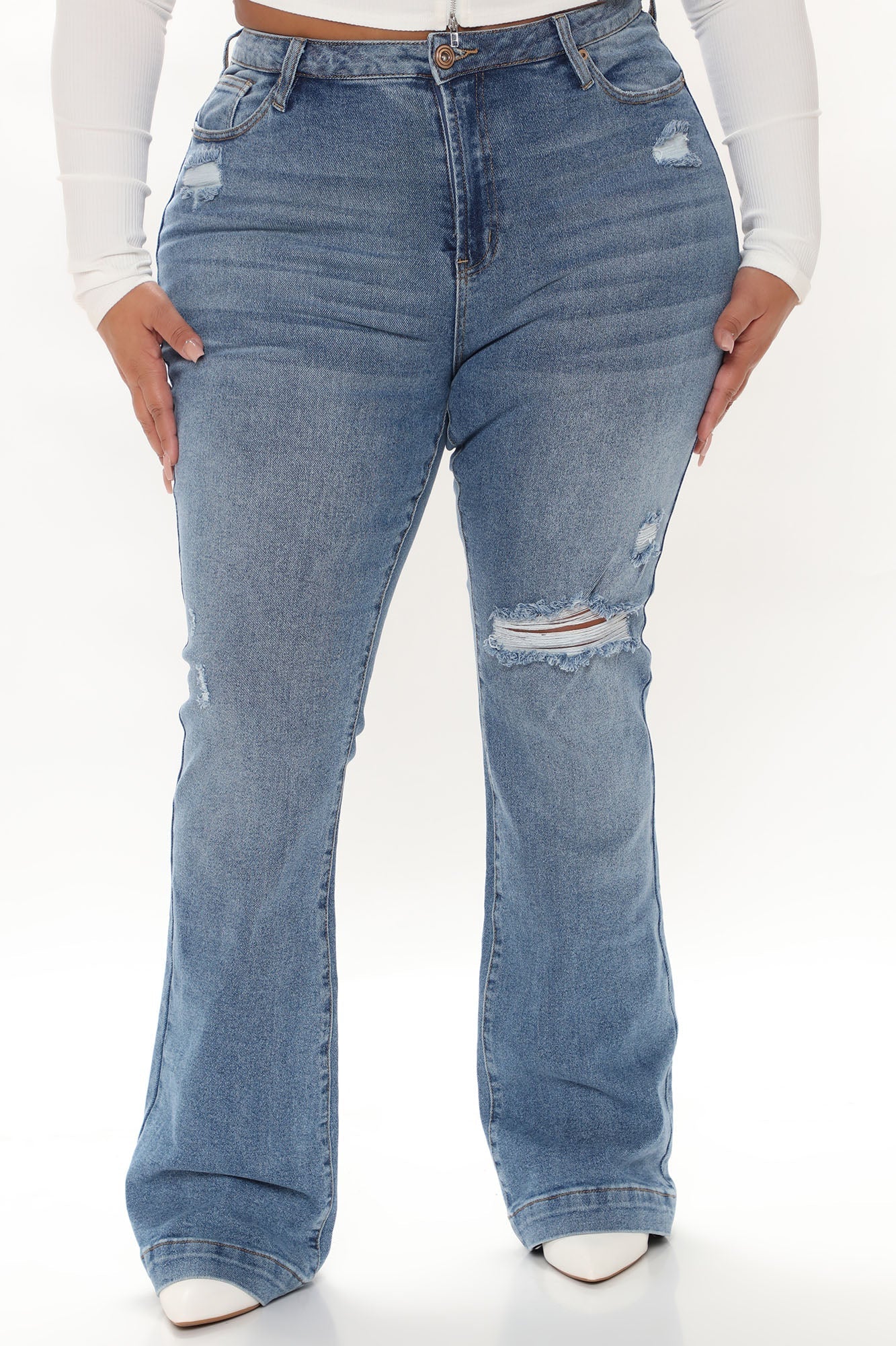 Only One For Me Distressed Bootcut Jeans - Medium Blue Wash Sai Feel