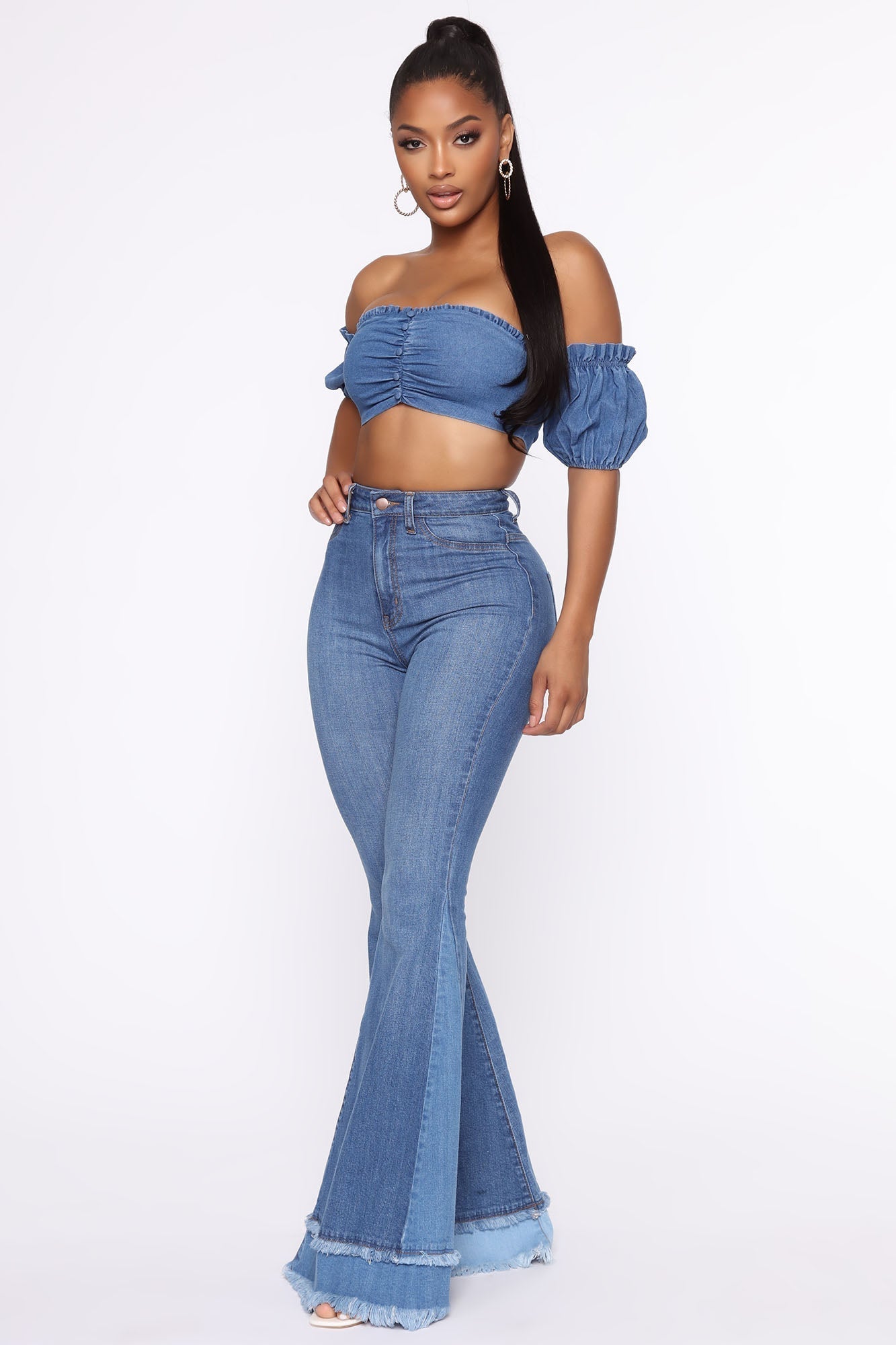 Only The Best Vibes Bell Bottom Jeans - Medium Blue Wash Sai Feel