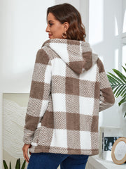 Open Front Plaid Hooded Flannel Coat Sai Feel