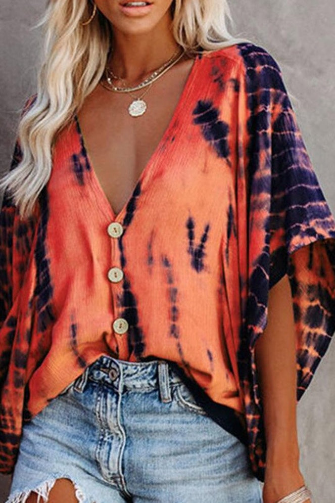 Orange Tie-Dye Print Batwing Sleeve Blouse Sai Feel