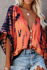 Orange Tie-Dye Print Batwing Sleeve Blouse Sai Feel