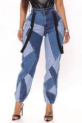 Out Of The Ordinary Patchwork Denim Joggers - Blue Sai Feel