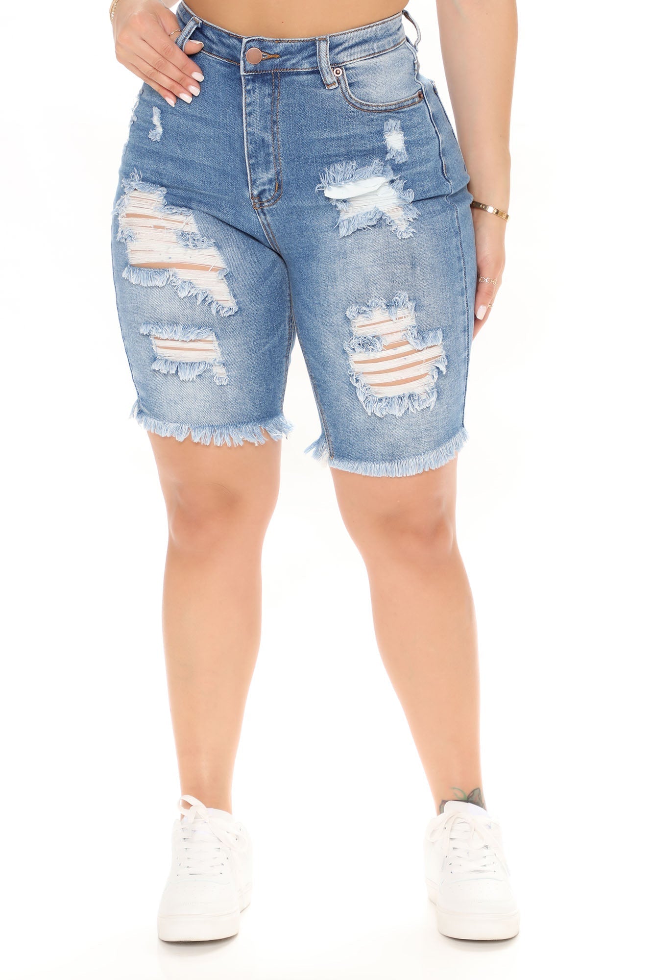 Outta Time Stretch Ripped Denim Bermudas - Medium Blue Wash Sai Feel