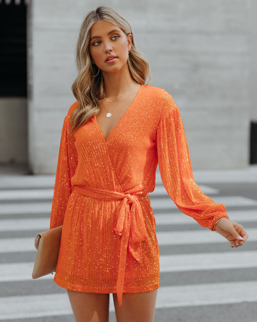 Overnight Sequin Drape Romper - Blazing Orange Sai Feel