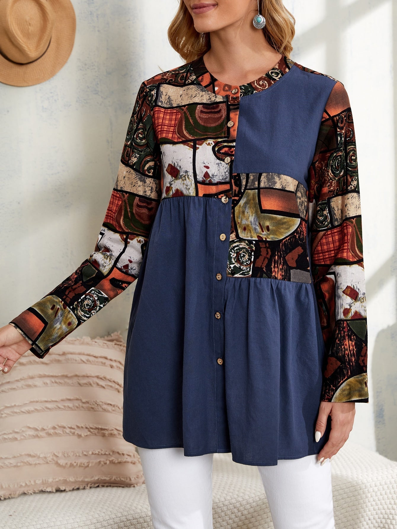 Oversized Abstract Print Block Blouse Sai Feel