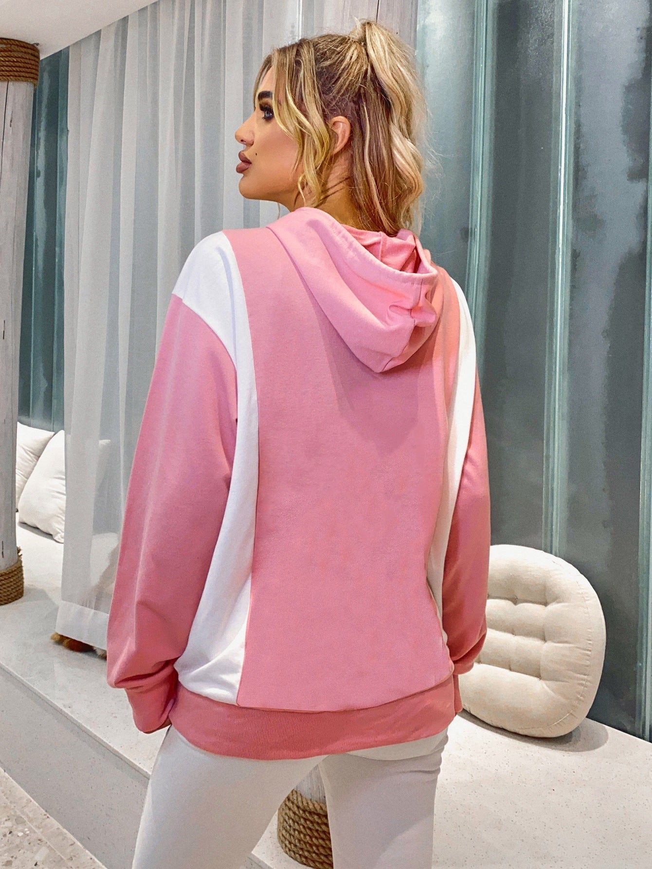 Oversized Color Block Hoodie with Kangaroo Pocket Sweatshirt Sai Feel