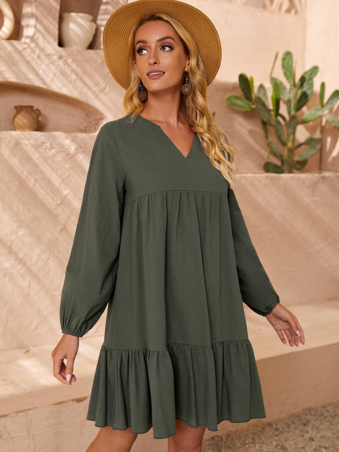 Oversized V Neck Shirred Body Dress Sai Feel