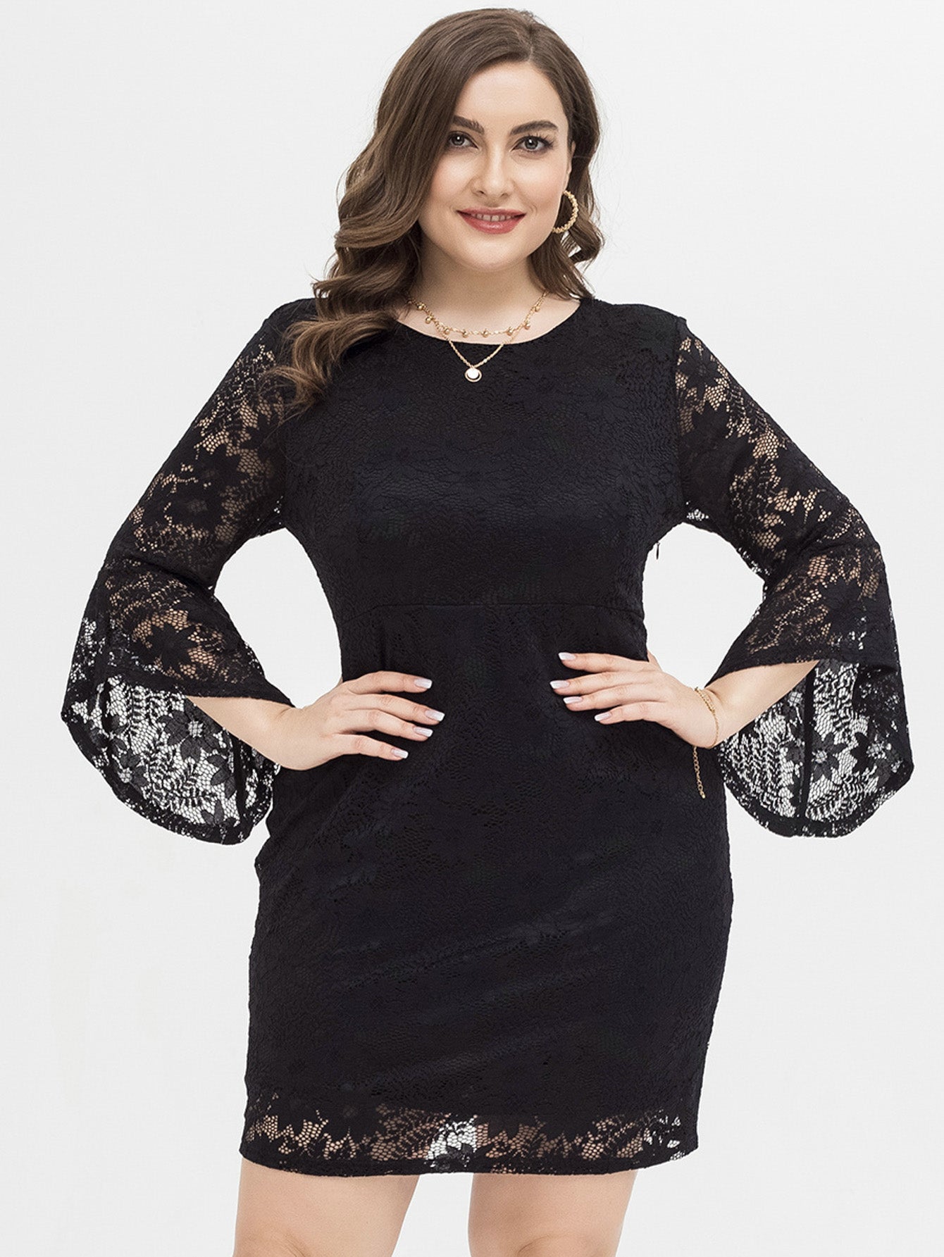 PLUS SIZE FLOUNCE SLEEVE LACE OVERLAY DRESS Sai Feel