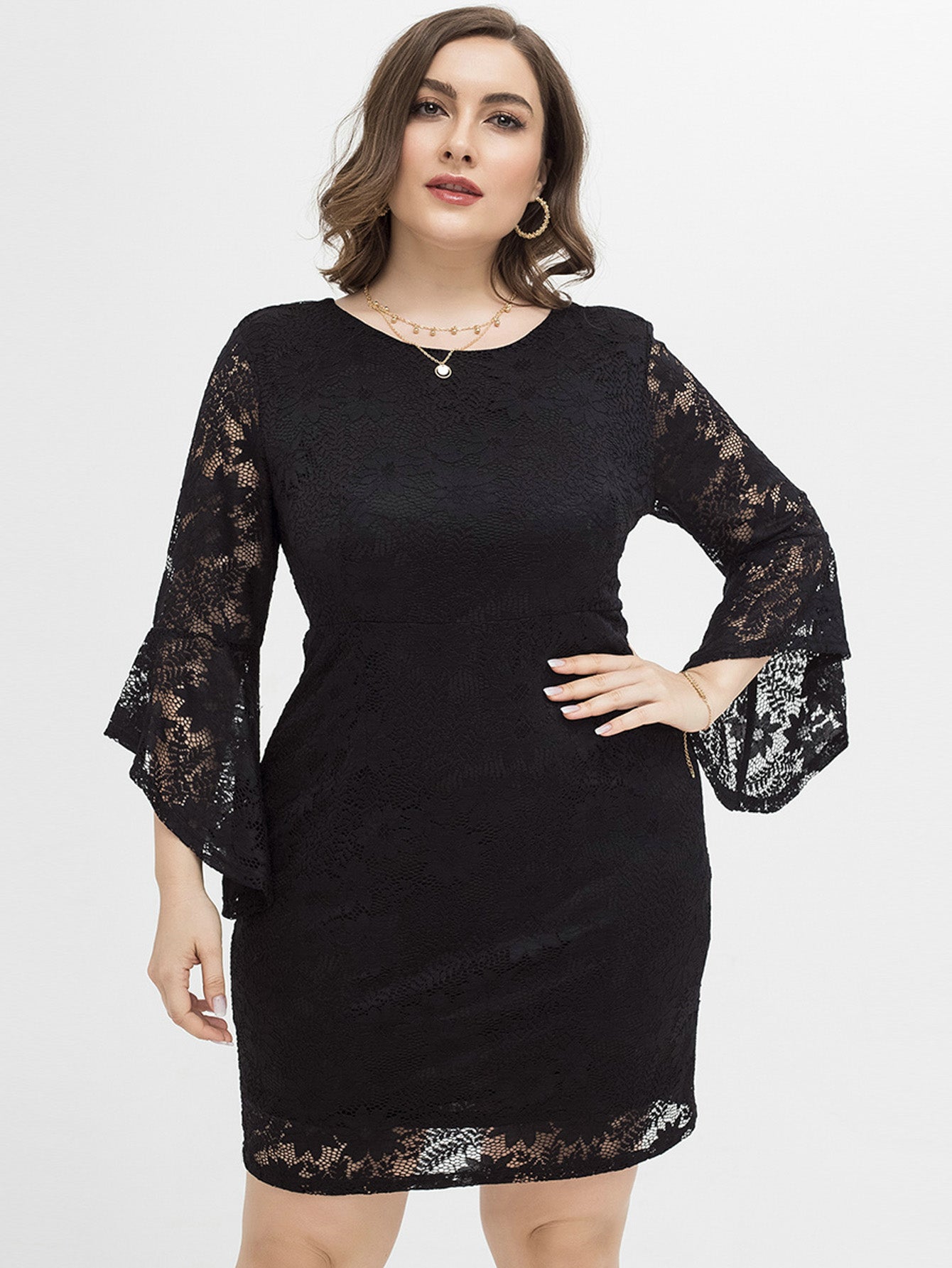 PLUS SIZE FLOUNCE SLEEVE LACE OVERLAY DRESS Sai Feel