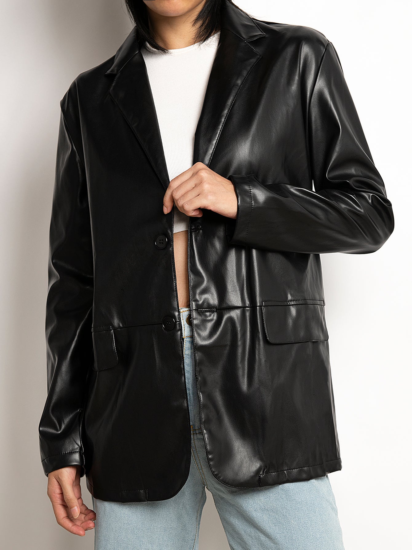 PU Leather Button Up Blazer Sai Feel
