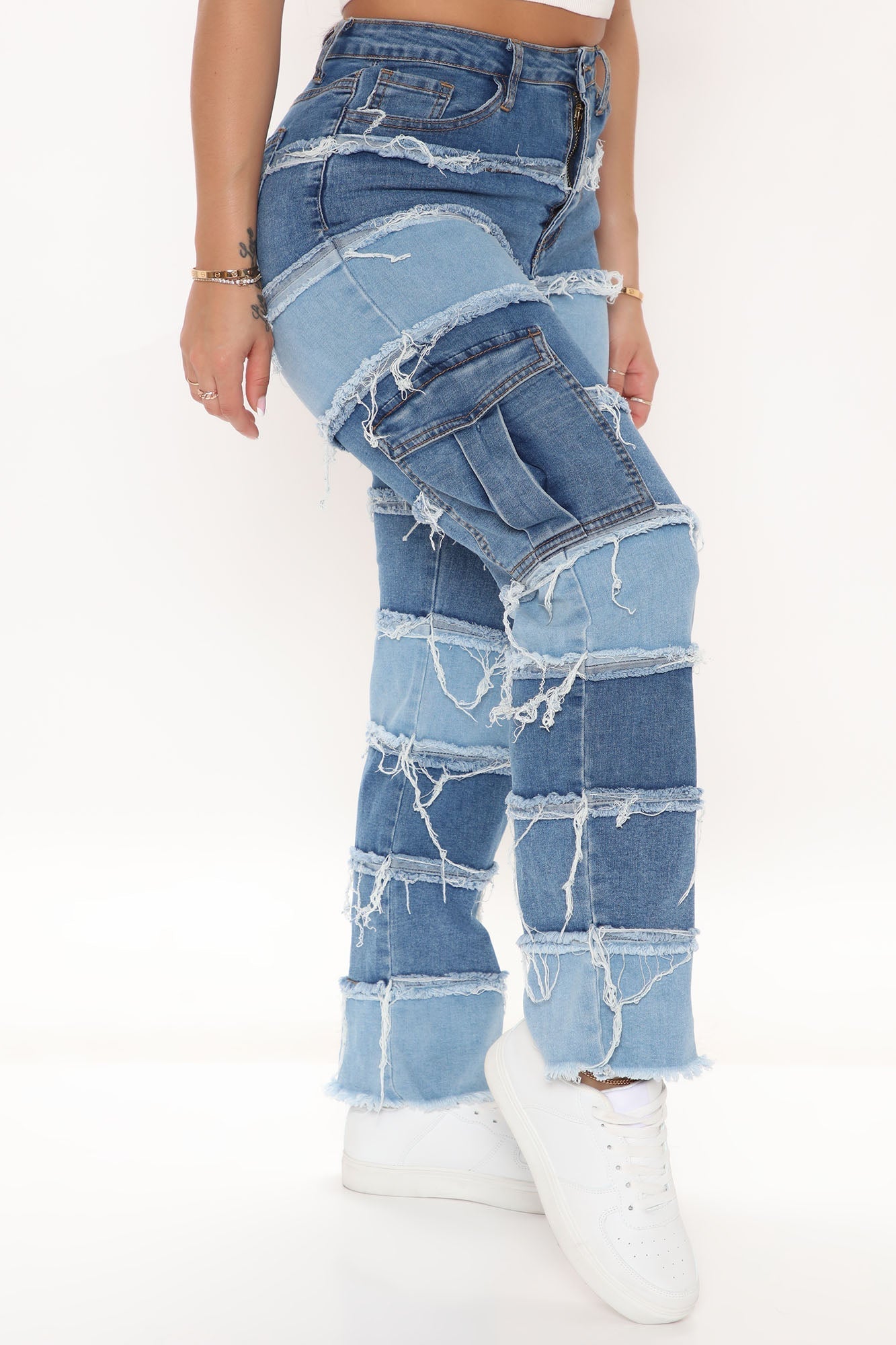 Pacific Coast Patchwork Utility Jeans - Blue Sai Feel