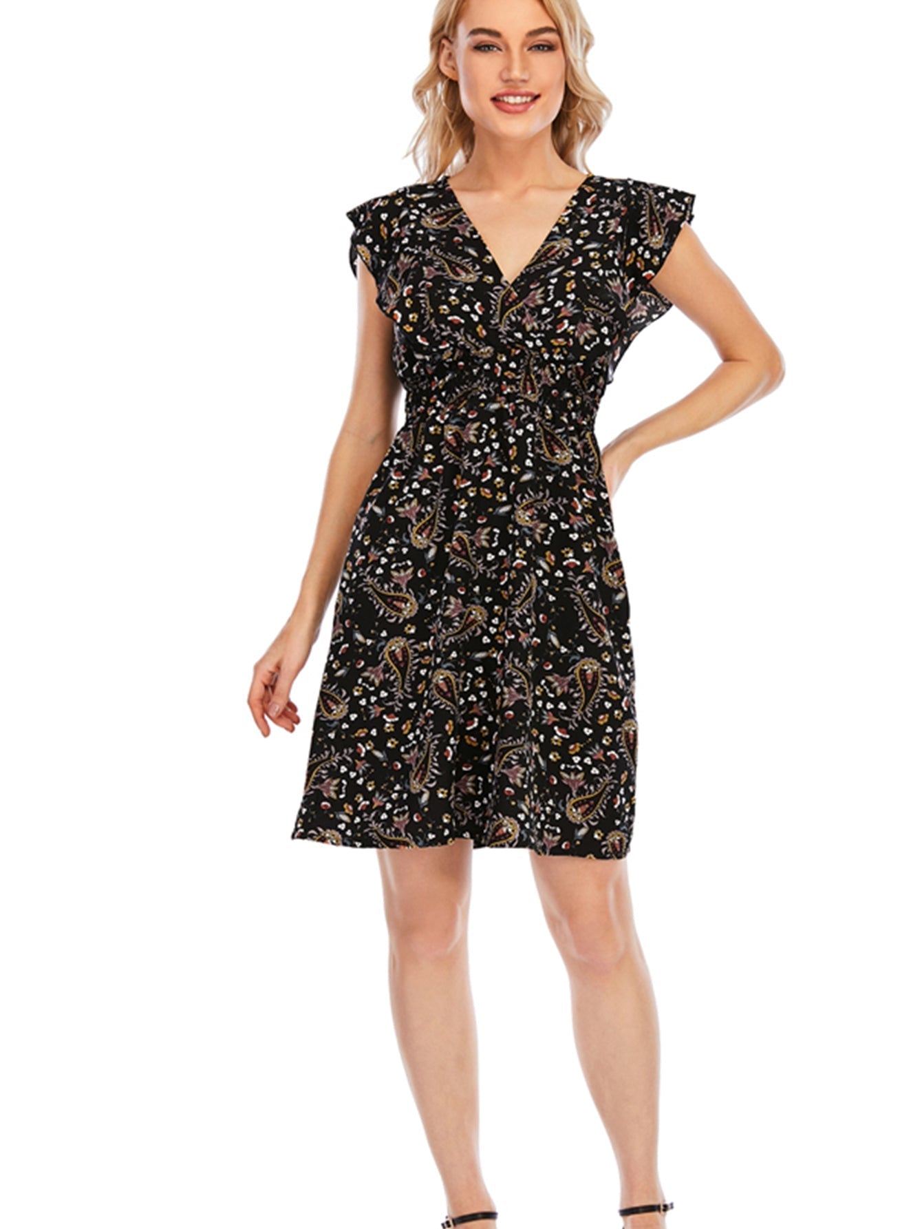 Paisley Print V-Neck Elastic Waist Dress Sai Feel