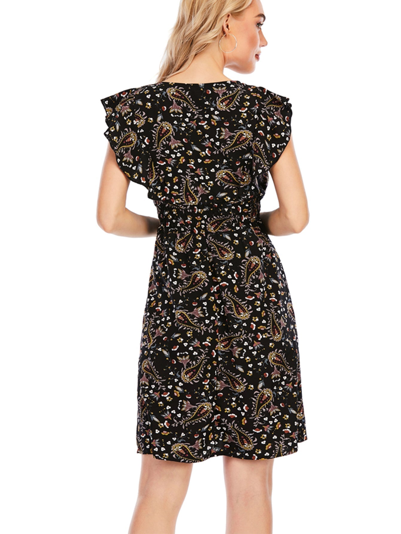 Paisley Print V-Neck Elastic Waist Dress Sai Feel