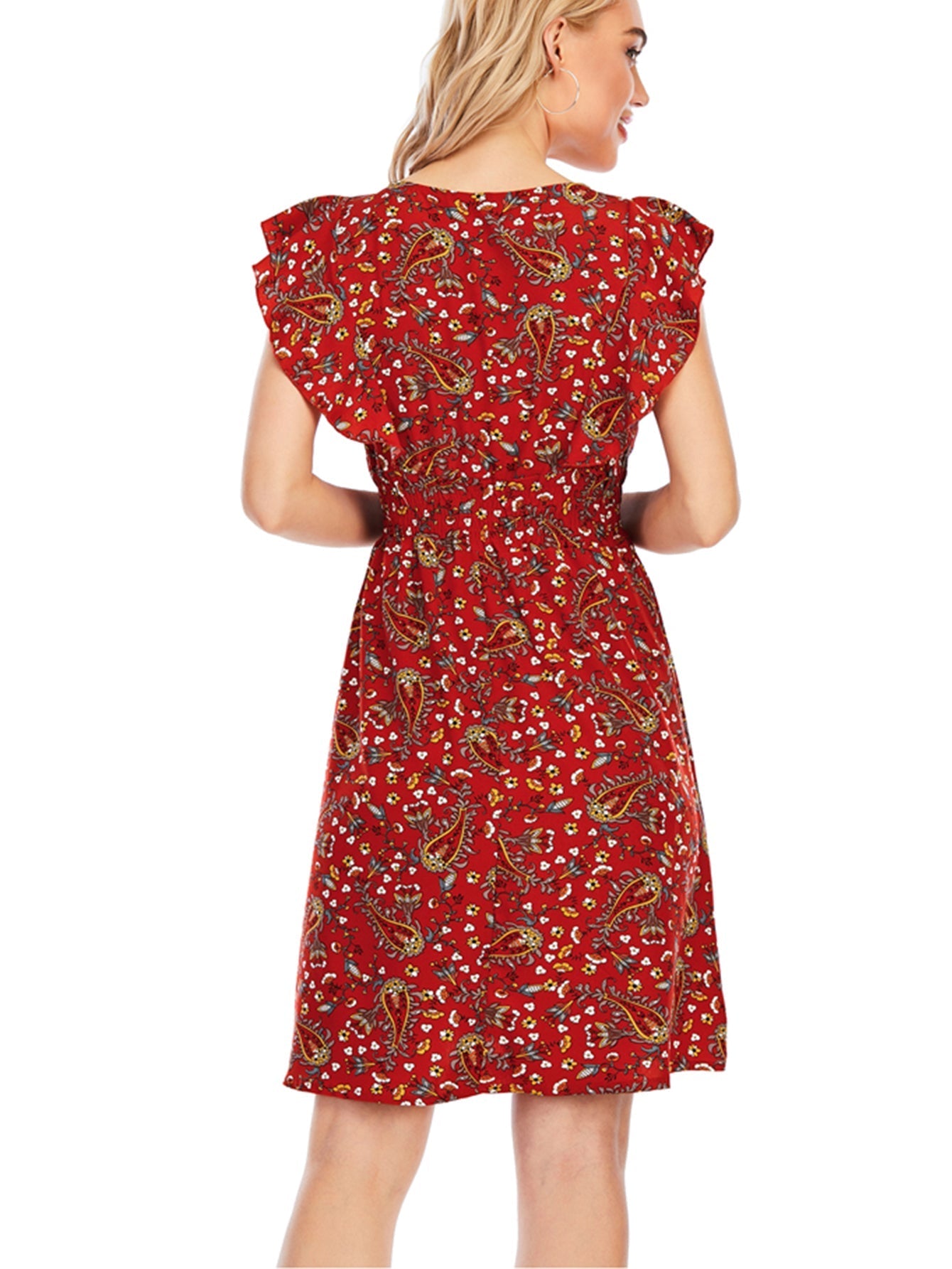 Paisley Print V-Neck Elastic Waist Dress Sai Feel