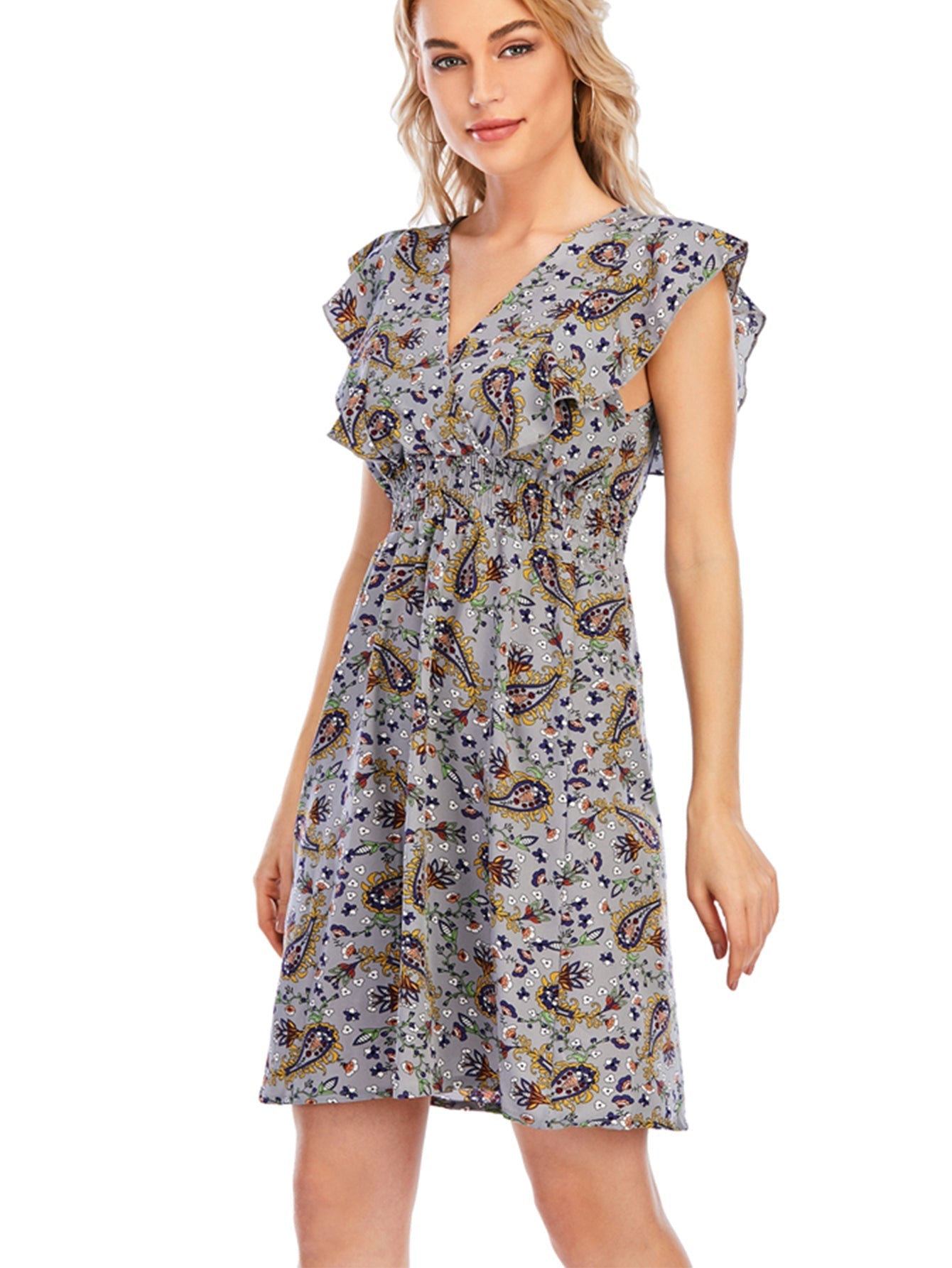 Paisley Print V-Neck Elastic Waist Dress Sai Feel