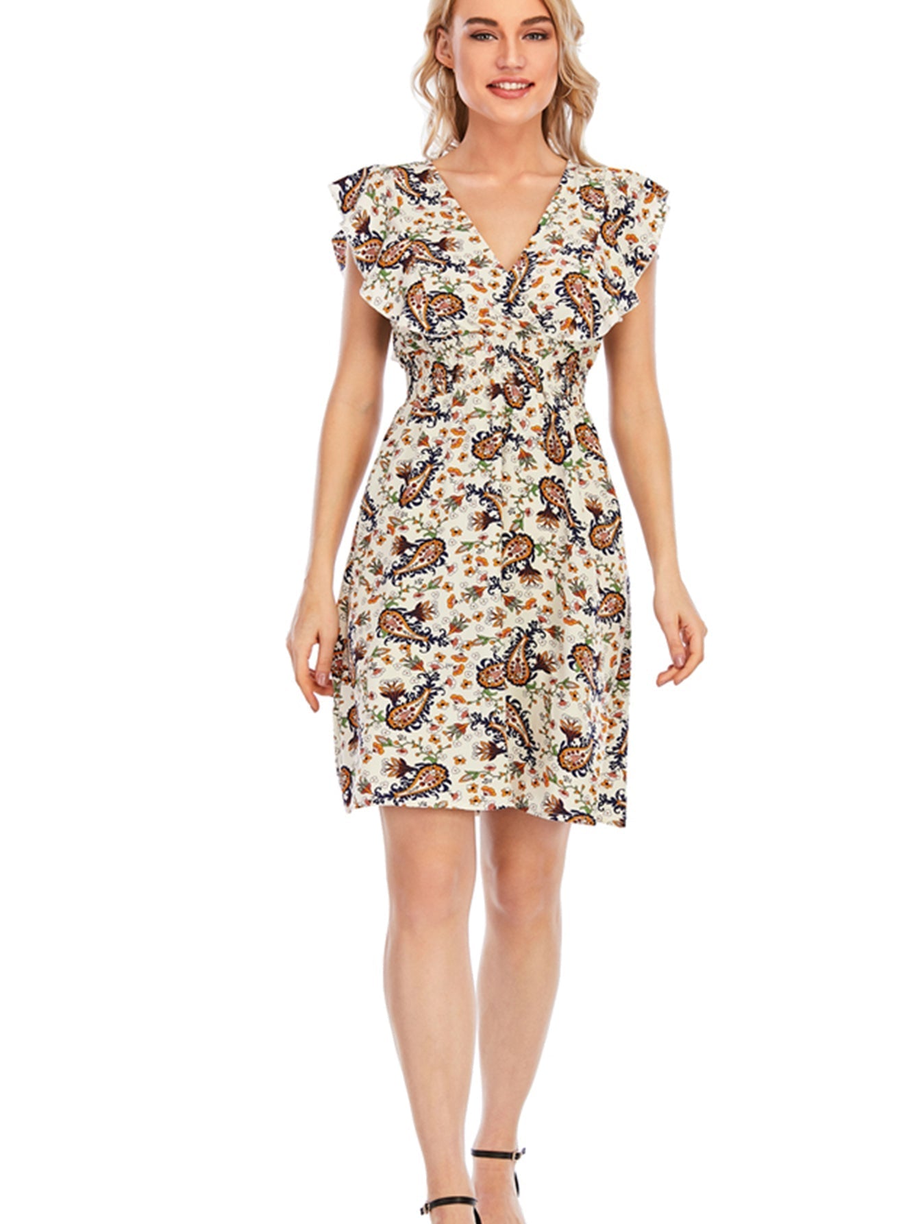 Paisley Print V-Neck Elastic Waist Dress Sai Feel