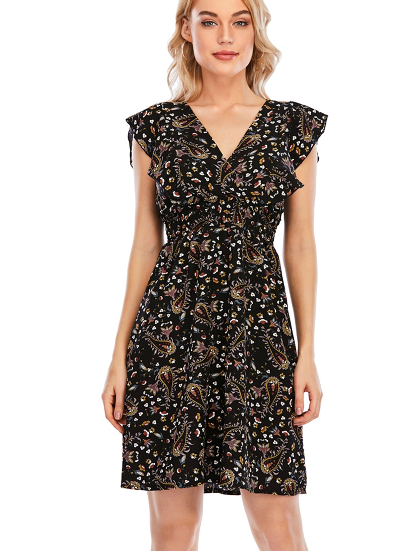 Paisley Print V-Neck Elastic Waist Dress Sai Feel