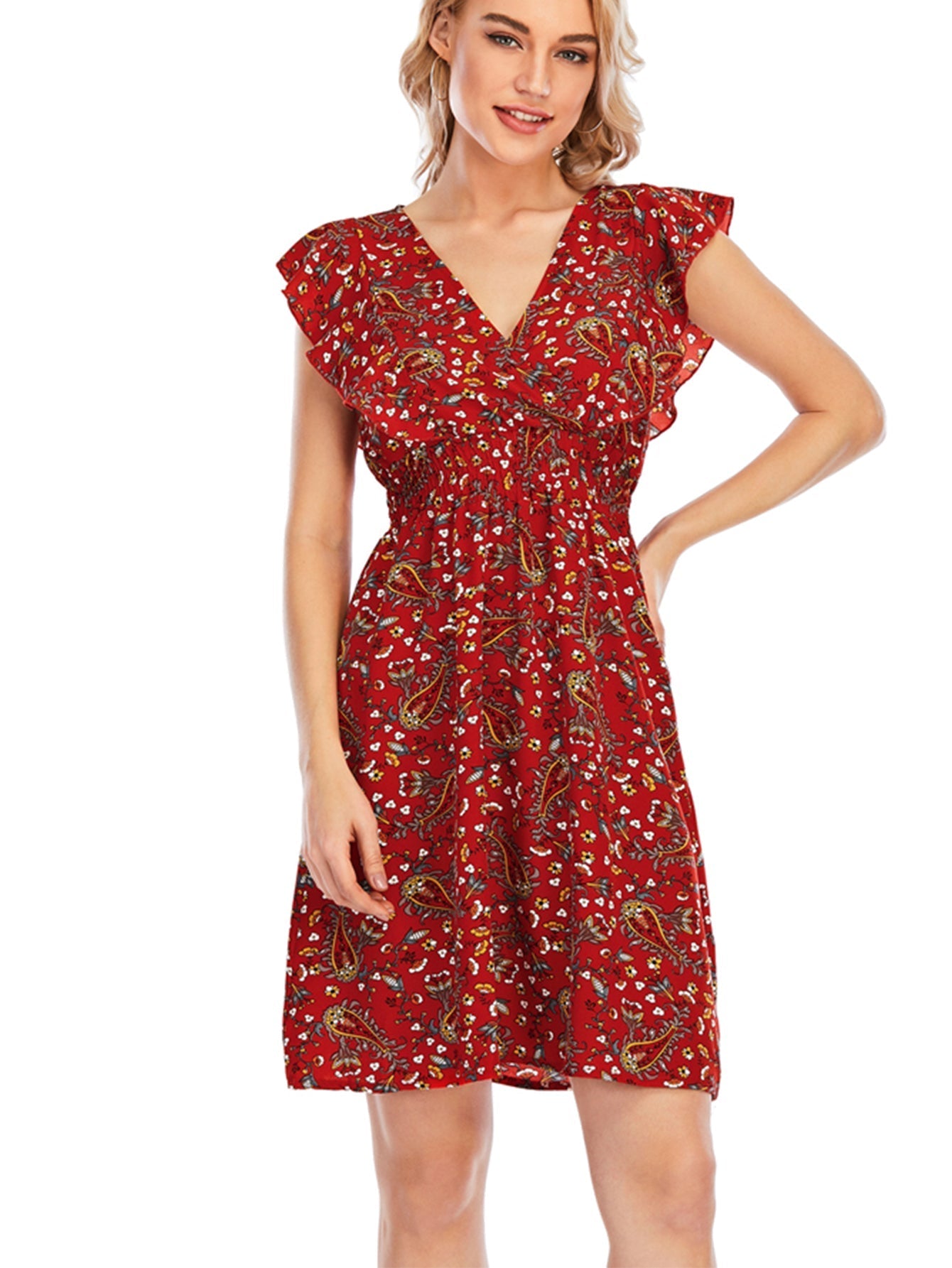 Paisley Print V-Neck Elastic Waist Dress Sai Feel