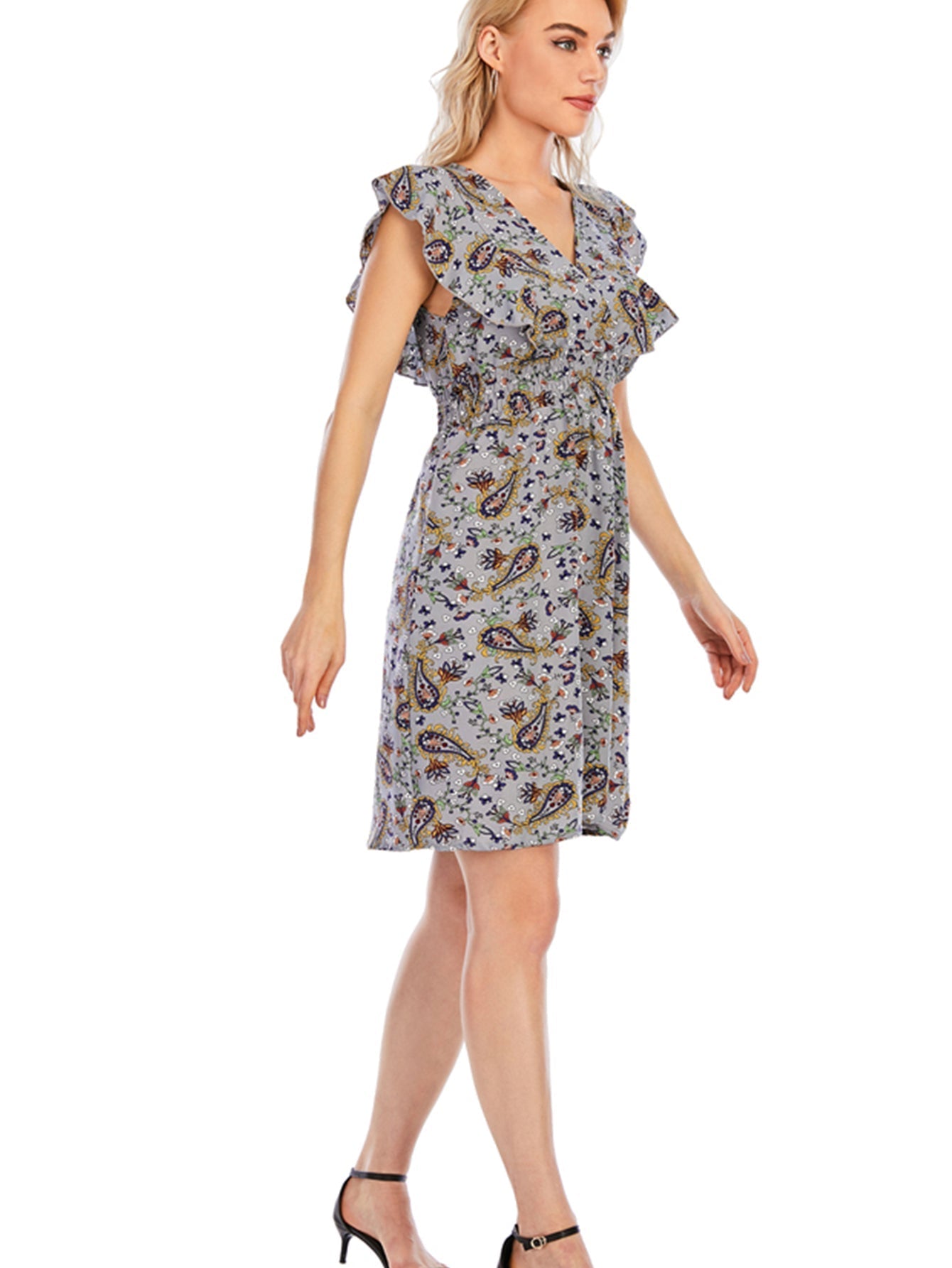 Paisley Print V-Neck Elastic Waist Dress Sai Feel