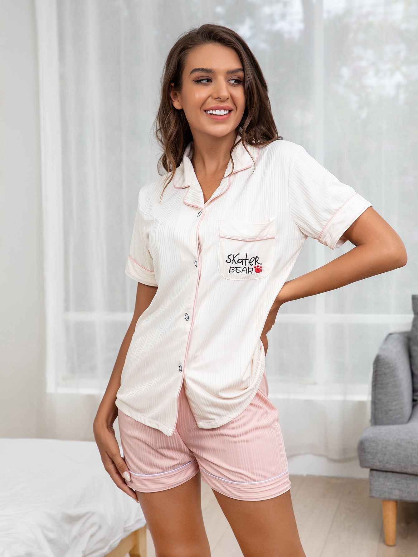 Pajamas women's summer ice thread housewear simple casual pocket pajamas suit Sai Feel