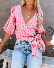 Palermo Linen Puff Sleeve Gingham Wrap Top Sai Feel