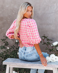 Palermo Linen Puff Sleeve Gingham Wrap Top Sai Feel