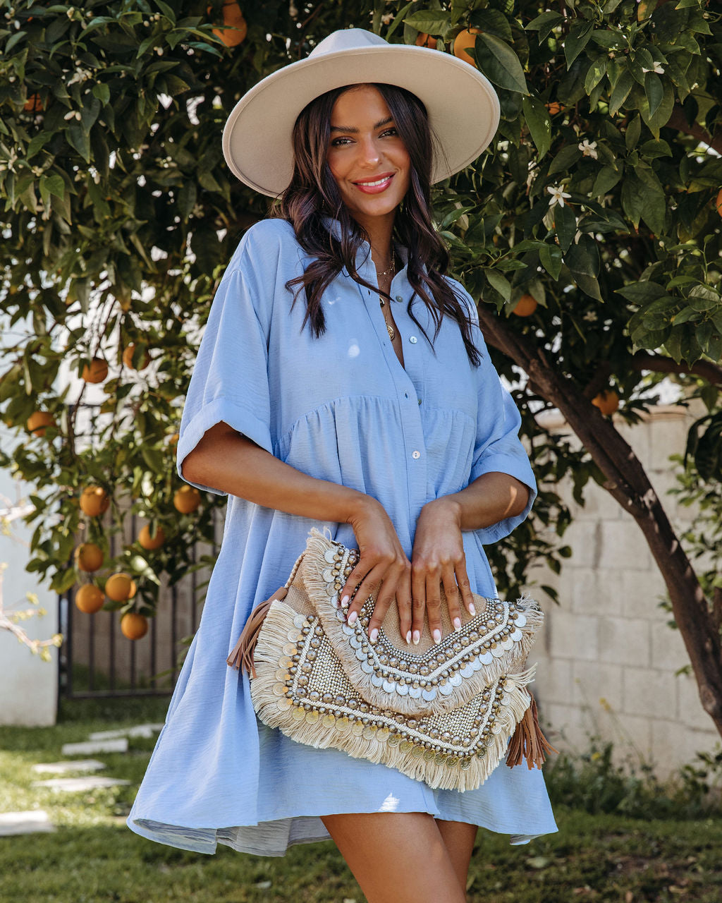 Palmer Pocketed Button Down Babydoll Dress - Blue Sai Feel