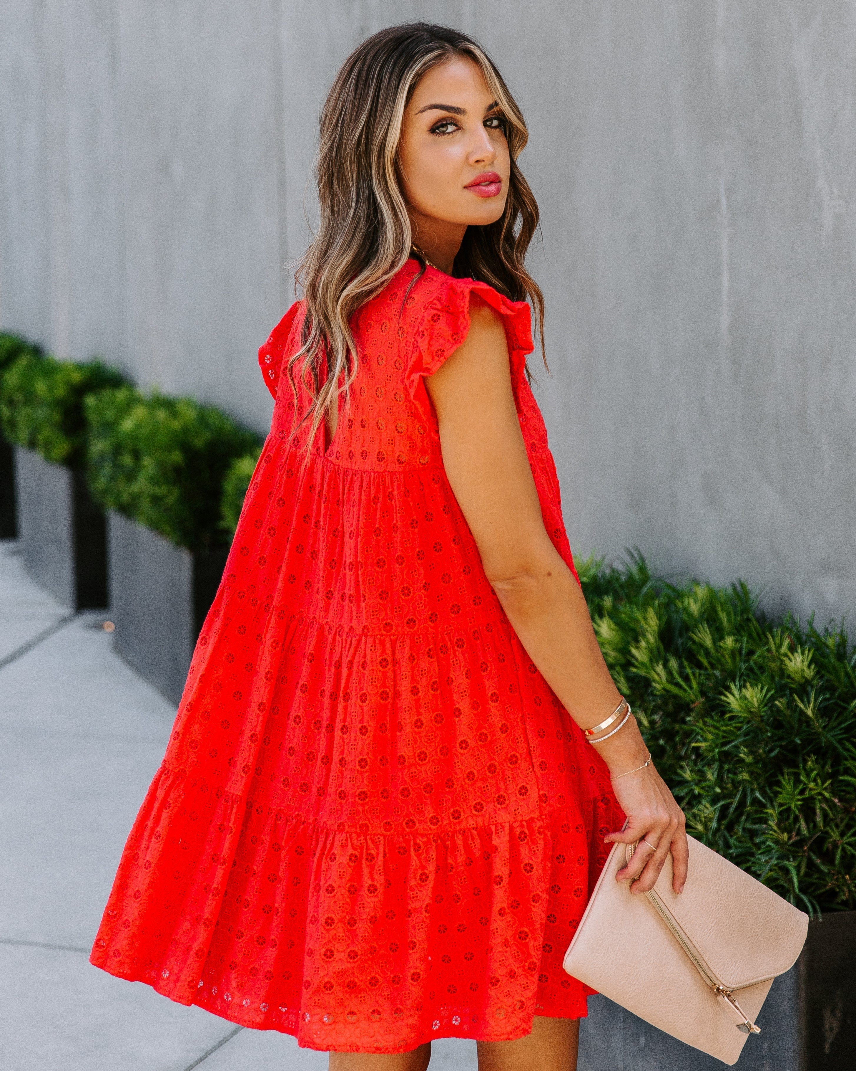 Pam Cotton Pocketed Tiered Eyelet Dress - Red Sai Feel