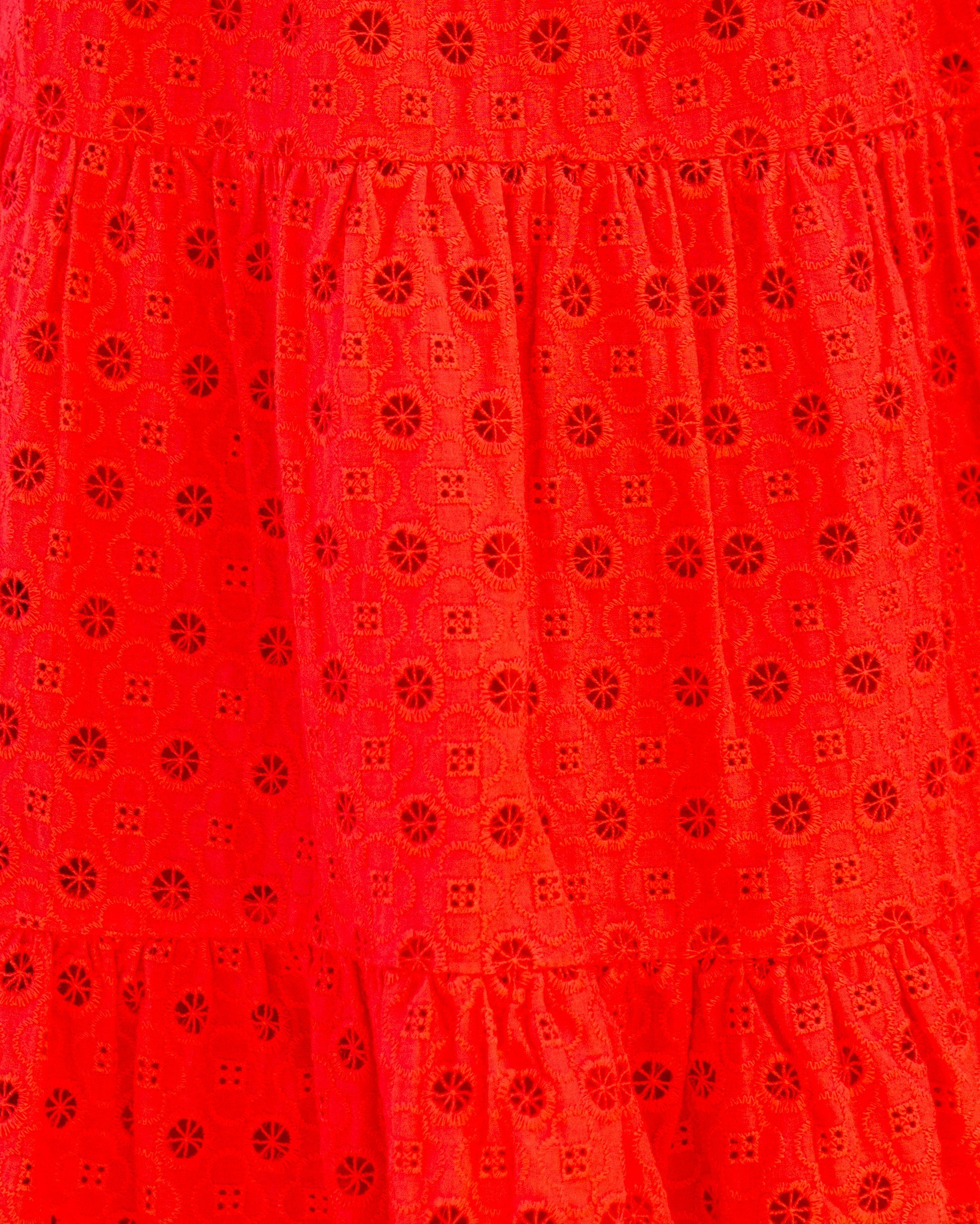 Pam Cotton Pocketed Tiered Eyelet Dress - Red Sai Feel