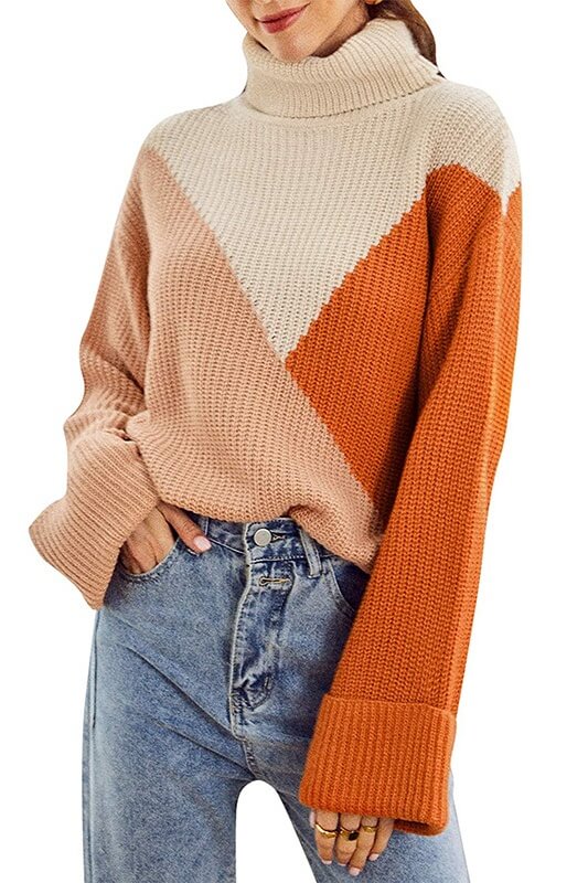 Patchwork Long Sleeve Turtleneck Sweater Sai Feel