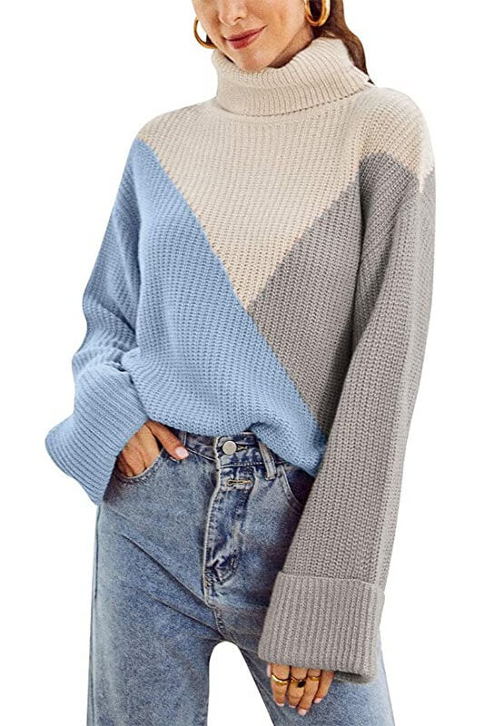 Patchwork Long Sleeve Turtleneck Sweater Sai Feel