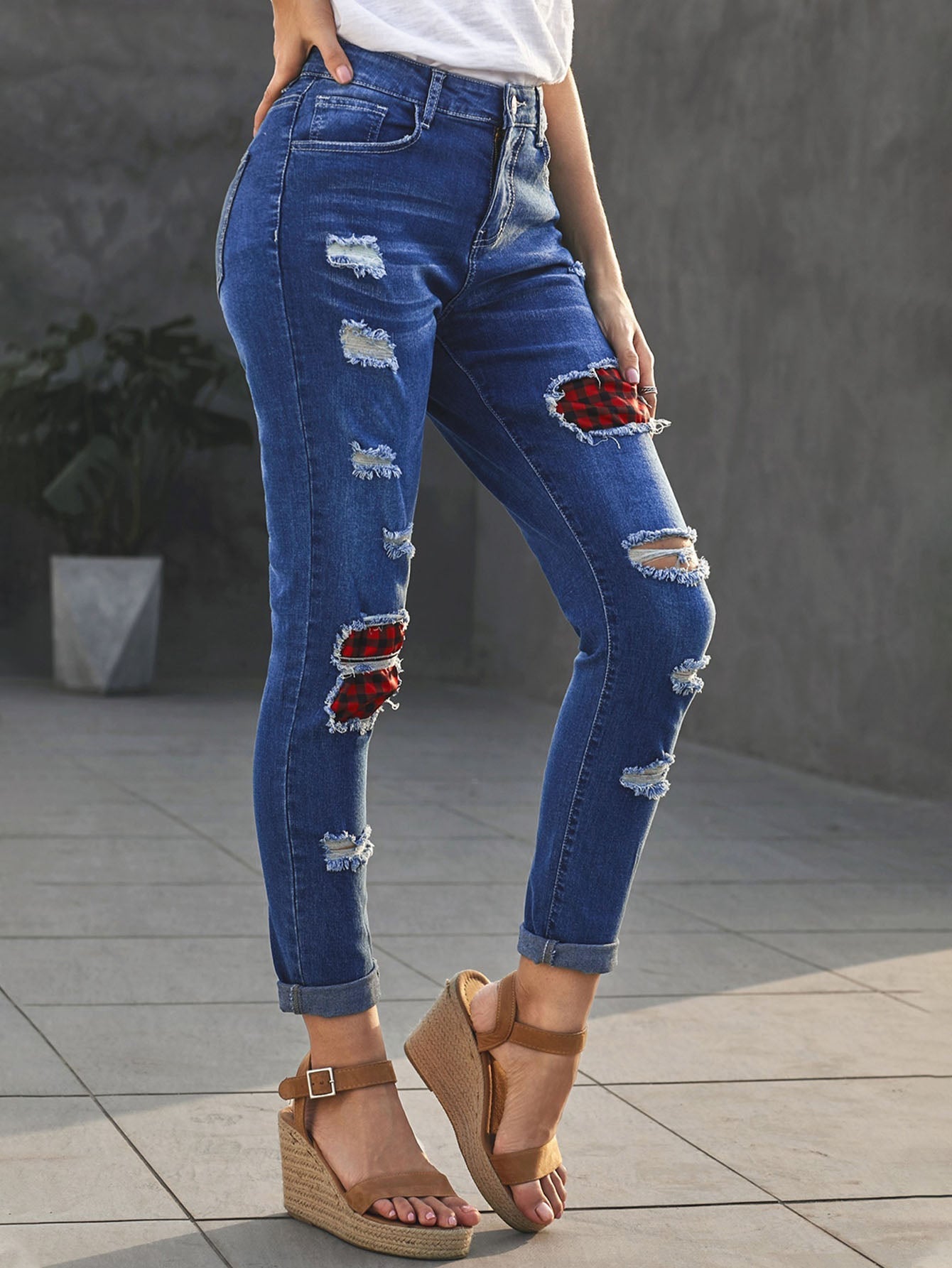 Patchwork Plaid Skinny Jeans Classic Ripped Straight Leg Hight Waisted Pants Sai Feel
