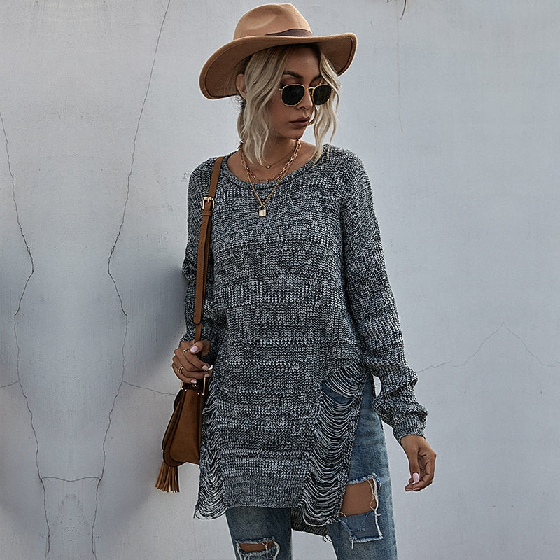Pierced Hollow Crochet Knitted Sweater Women Long Sleeve Loose Plus Size Pullover Sai Feel